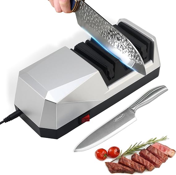 Electric Knife Sharpener with 3-step Sharpening System and Diamond Abrasives, Suitable for Most Metal and Ceramic Knives. The Knife Sharpener  with the Angle Guide Function (ETJ004COMB)