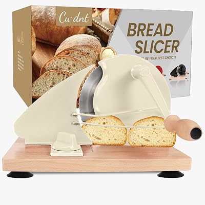 Manual Bread Slicer for Homemade Sourdough Bread, Add Metal Rails, Hand Crank Bread Slicer Machine with Scale Line and Suction Cup, Stainless Steel Blade Bread Cutter Adjustable Thickness Cream