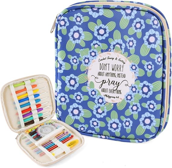 Crochet Hook Case, Portable Zipper Storage Organizer Bag for Crochet Needles/Knitting Accessories, Lightweight Crochet Hook Kit Tools, Easy to Hold(No Accessories Included). Blue Leaves