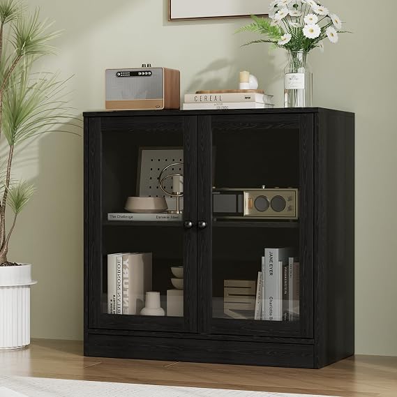 TUSY Black TV Stand with Glass Door,23.6" W x 15.7" D x 31.5" H