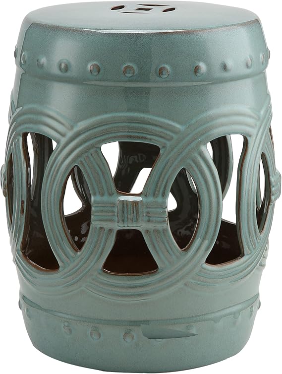 Outsunny 14" x 17" Ceramic Garden Stool Strong Glazed Material Antique Blue | Double-Coin Knotted Ring Design, Decorative Outdoor Stool, Home Collection