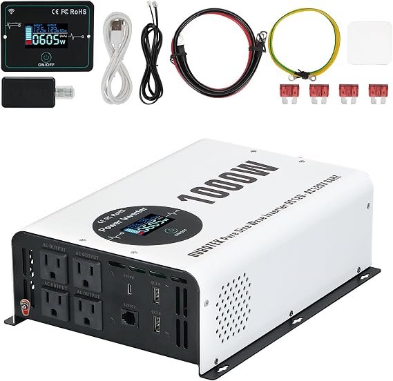 1000W Power Inverter Pure Sine Wave 12V DC to 120V AC | Peak Power 2000W, Wireless Remote Control, LCD Display, 4 AC Outlets Dual USB Port Type C,for Off Grid Solar