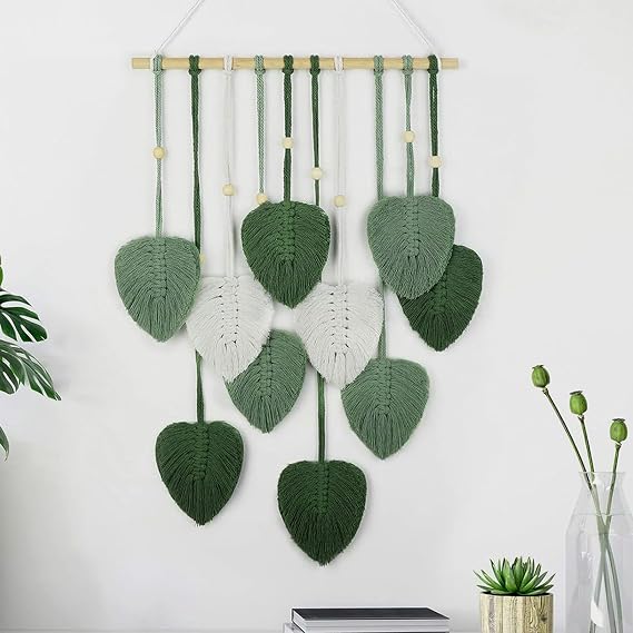 Macrame Wall Hanging Leaves Woven Tapestry, Boho Chic Wall Home Decor Modern Bohemian Feather Handmade Yarn Tassels Leaf Wall Art Decorations for Living Room Bedroom Nursery Backdrop Apartment Dorm