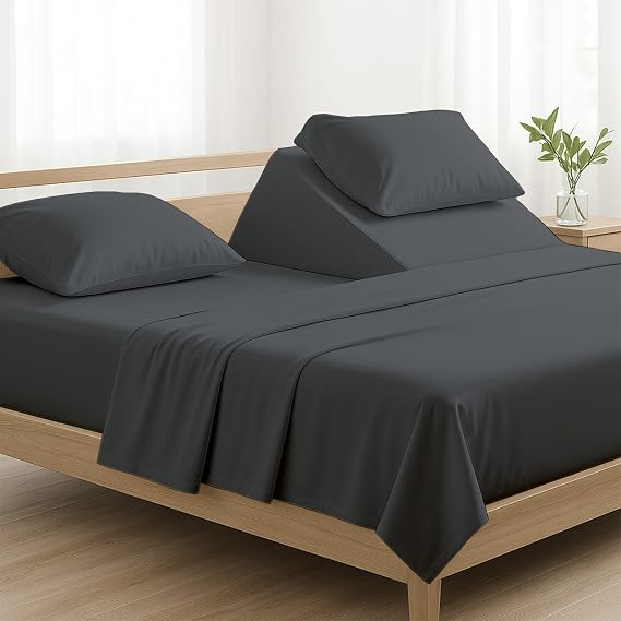 NON Sticky cotton 4 Piece Top Split King Sheets Sets for Adjustable Bed, 100% Egyptian Cotton Bed Sheets, 28" Flex Head Fitted Sheet, Fits 18" Deep Mattress, 78" x 80", Dark Grey Solid
