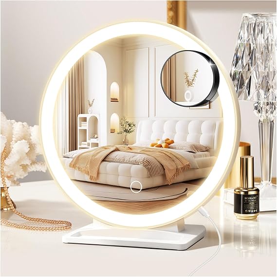 MOMOKUBA Vanity Mirror with Lights, Makeup Mirror with Lights for Bathroom, 33.5 x 29.5cm Adjustable Angle, 3 Color Modes Dimmable Brightness, Hollywood Mirror for Women