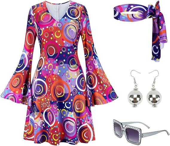 Kranchungel 70s Disco Costumes for Women: Disco Party Dress 70s Outfits - Hippy Halloween Costume for Party-goers Aged 25-35