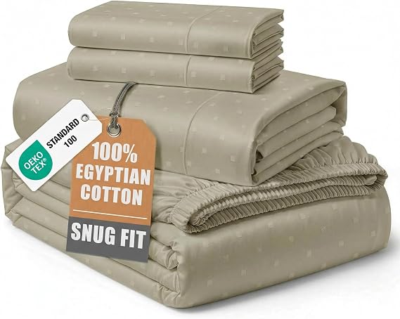 LANE LINEN Queen Sheets Deep Pocket 100% Egyptian Cotton Swiss Dot Sateen Weave Jacquard Oeko-Tex Certified Deep Pocket 4 Piece Soft Breathable Hotel Luxury Machine Washable - Linen