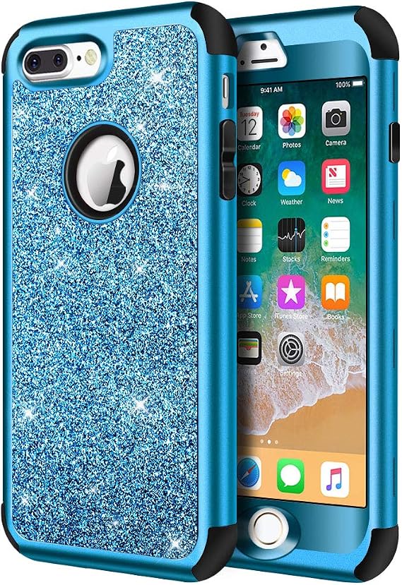 Hython iPhone 8 Plus/7 Plus Case - Heavy Duty Defender, Bling Glitter Sparkle Hard Shell Hybrid, Shockproof Rubber Bumper Cover, Blue