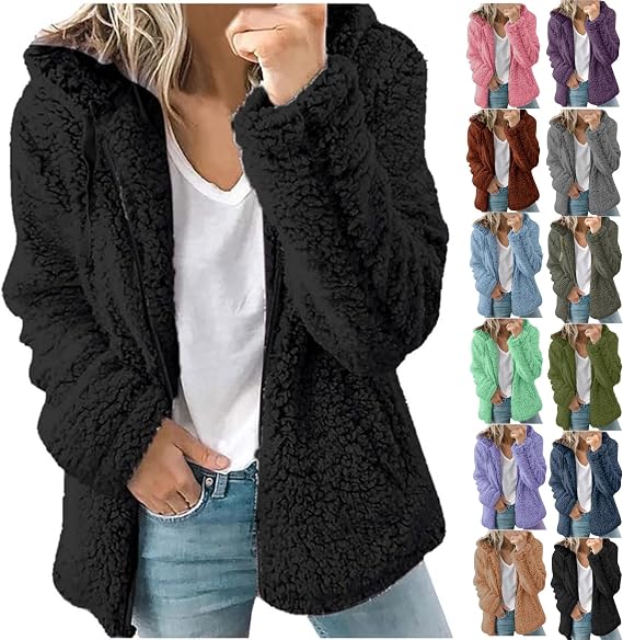 Sherpa Fleece Jackets for Women Casual Solid Long Sleeve Zipper Hooded Plush Coat Winter Warm Sweater Tops