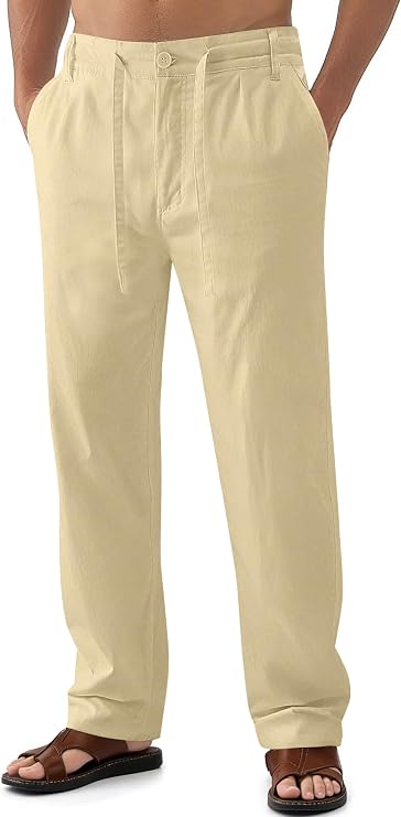 Janmid Men's Linen Pants Casual Elastic Waist Drawstring Yoga Beach Trousers