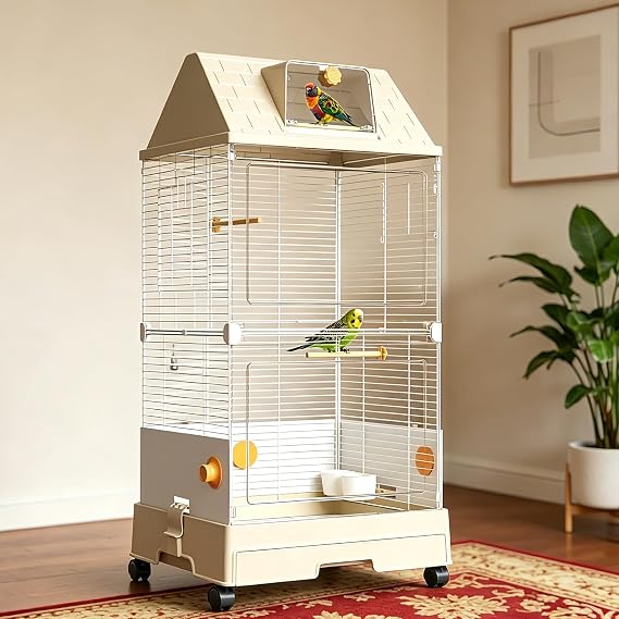 Oneluck Modern Bird Cage with Panoramic View, 38.5" H Bird Aviary for Small to Medium Birds,Birdcage with Easy Clean Tray for Parakeet,Cockatiel,Budgie,Parakeet,Canary,Finch,Quail,Lovebird,Conure