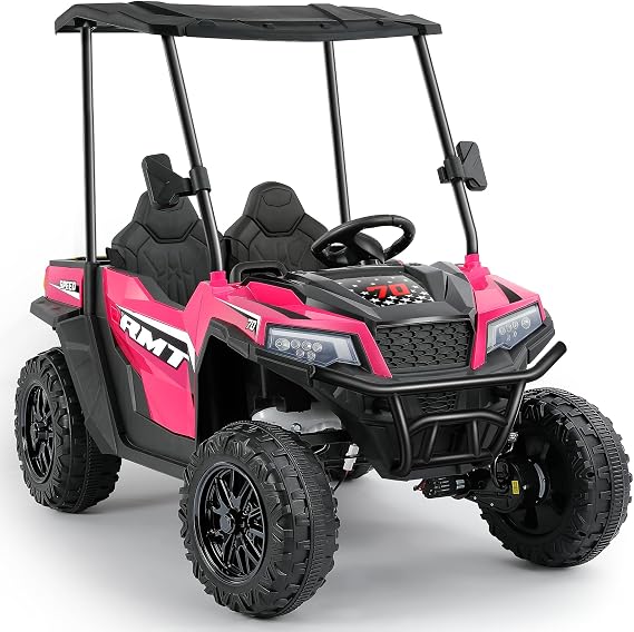 ELEMARA 24V Ride on Toy for Big Kid,Ride on Car 2 Seater w/Sun Shade,Dump Bed & Shovel,4.5MPH,4WD Electric Car for Kids,Battery Car w/Remote,Kids Ride on Truck,3 Speeds,LED Lights,Bluetooth, Hot Pink