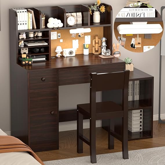 Wooden Espresso Kids Study Desk and Chair Set with Light, 2 Drawers and 4 Storage Cabinets, Children Desk with 4 Open Hutch and Shelves, Girls Study Desk for Kids Bedroom-003
