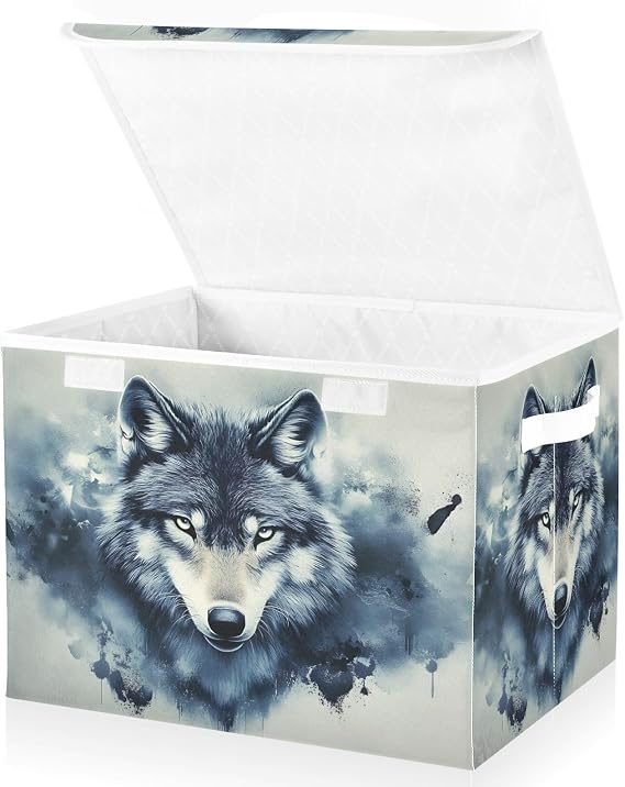 Wolf Portrait Watercolor Large Storage Bins with Lid Foldable Storage Boxes Fabric Baskets with Flip-Top Lid for Home Office 16.5 x 12.6 x 11.8