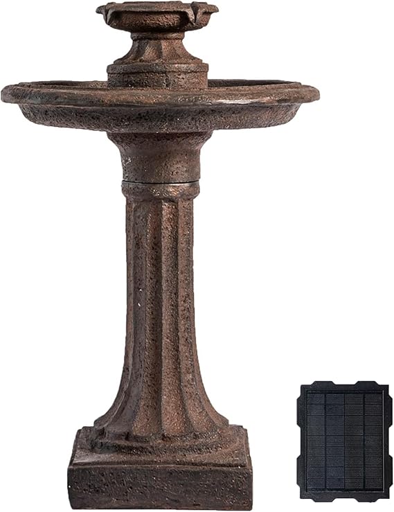 XBrand 28" Solar Bird Bath Fountain for Outdoor Garden, 1-Tier Resin Water Fountain with Solar Panel Pump, Patio Decor with Auto Shut-Off Feature, Brown