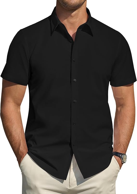 J.VER Men's Short Sleeve Dress Shirts Stretch Stain Shield Casual Button Down Shirts Solid Formal Shirt