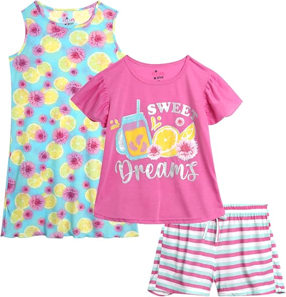 dELiA*s Girls 3 Piece Sleep Tops Pajama Shorts and Nightgown Set (7-16) | Soft Comfortable Fabric, Relaxed Elastic Waistband, Cozy Bedtime Loungewear in Cute Coordinating Kids Prints