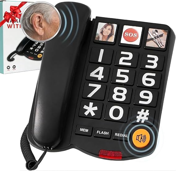 Amplified (100dB) Landline Phone for Seniors - Photo Speed Dial, Volume Control, Speakerphone, Hearing Aid Compatible,Flash Alert, Easy-to-Use Desk Telephone, Suitable for Multiple scenarios - Black