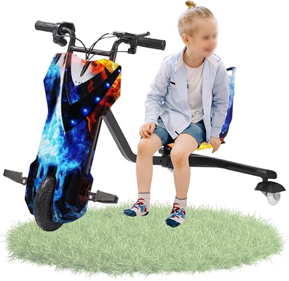 Electric Drift Trike for kids, 360° Rotatable Drift Trike, with 5 Adjustable Lengths Light Up Rear Wheels, Slip Pedals Stable Trike, for Outdoor Garden Playground 8in-E