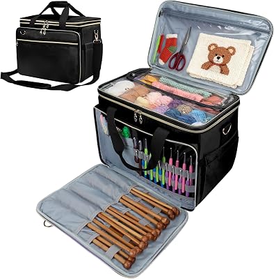 Anitor Large Crochet Bag Knitting Bag Yarn Storage Tote, Yarn Bag with Clear Top Lid, Unfinished Project Compartment, 6 Yarn Holes. Holds Knitting Needles, Crochet Hooks, Yarn, Black, Bag Only