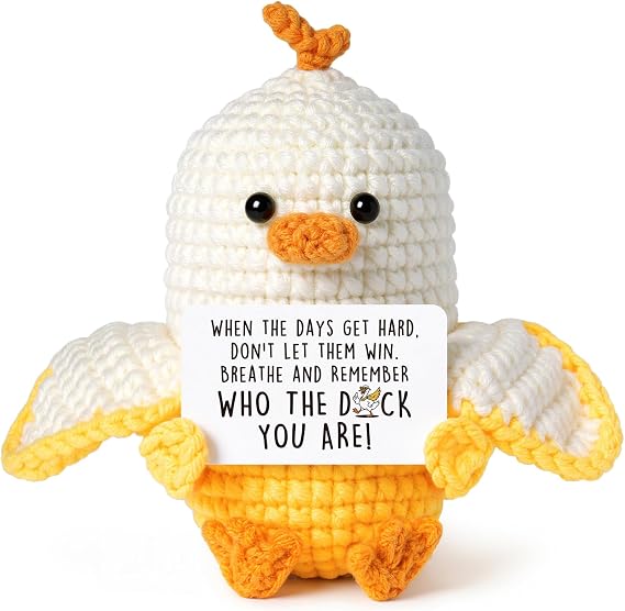 Inspirational Birthday Gifts for Women Men Teens- WHO THE Duck You are Crochet Banana Duck, Emotional Support/Get Well/Positive/Cheer Up/Graduation Gift for Him Her Kids Friend Coworker Boss