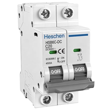 Heschen HSB6C-DC 2-Pole 500V DC Miniature Circuit Breaker 20A, 1-Pack Non-Polarized Photovoltaic Isolator Switch, C Type Tripping, 4.5KA DIN Rail Mount for Solar PV, RV & Battery | Photovoltaic Circuit Breaker, for Solar PV System Solar Panels Grid System, 35mm DIN Rail Mounting TUV certified