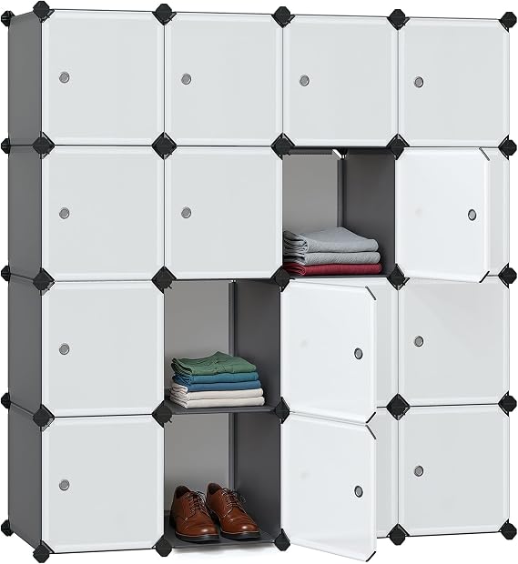 SONGMICS 16-Cube Storage Unit, Shoe Rack, Stackable Cubes, Plastic Closet Cabinet, Wardrobe, with Doors, for Bedroom, Office, Easy to Assemble, Grey LPC443G01