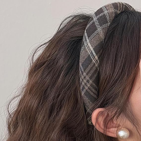 Grid Series Headband for Women Handmade Hairbands Deep Brown Headband Christmas Party Hair Hoop Tartan Headbands for Styling Plaid Headwear Strong Stretching French Hair Accessories 1Pcs