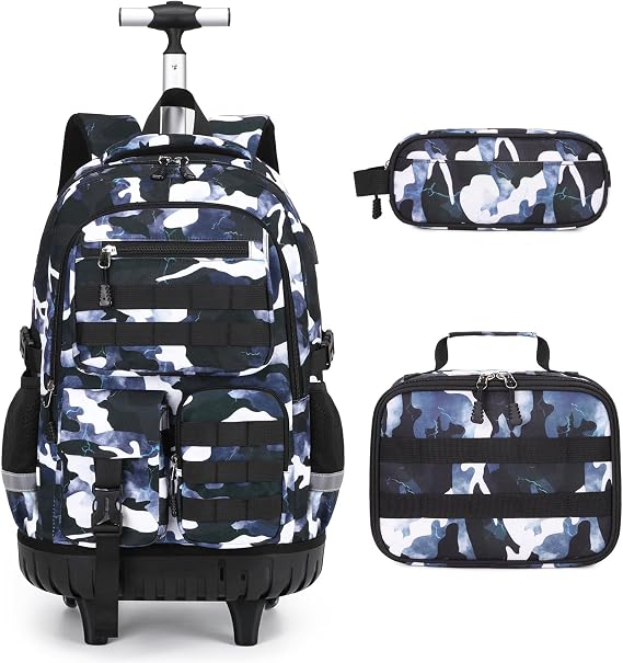 DIGOBAY Camo Rolling Backpack for Boys, 3PCS Tactical Kids Rolling Backpack Set with Lunch Bag & Pencil Case, Boys Wheeled School Bookbag for Elementary, Middle, High School