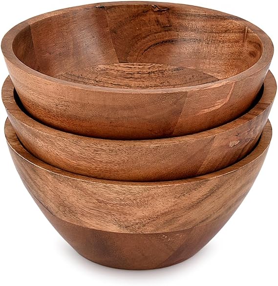 Kimona Bowl Sets of 3 Acacia wood Hand carved wooden Kitchen Mini Cups for dipping sauce, salsa, Prep, salt & Condiments (6"" x 6"" X 2.75""), Brown