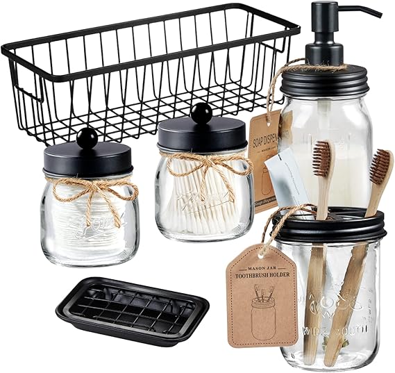 SheeChung Mason Jar Bathroom Accessories Set,6Pcs Rustic Bathroom Set,Black
