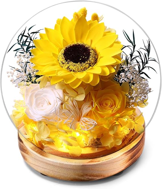 Preserved Sunflower and Rose Glass Dome with LED Lights,Wooden Base, for Valentine's Day, Mother's Day,Fathers Day,Birthday,for You to Send Love for All Occasions, for Indoor Decoration