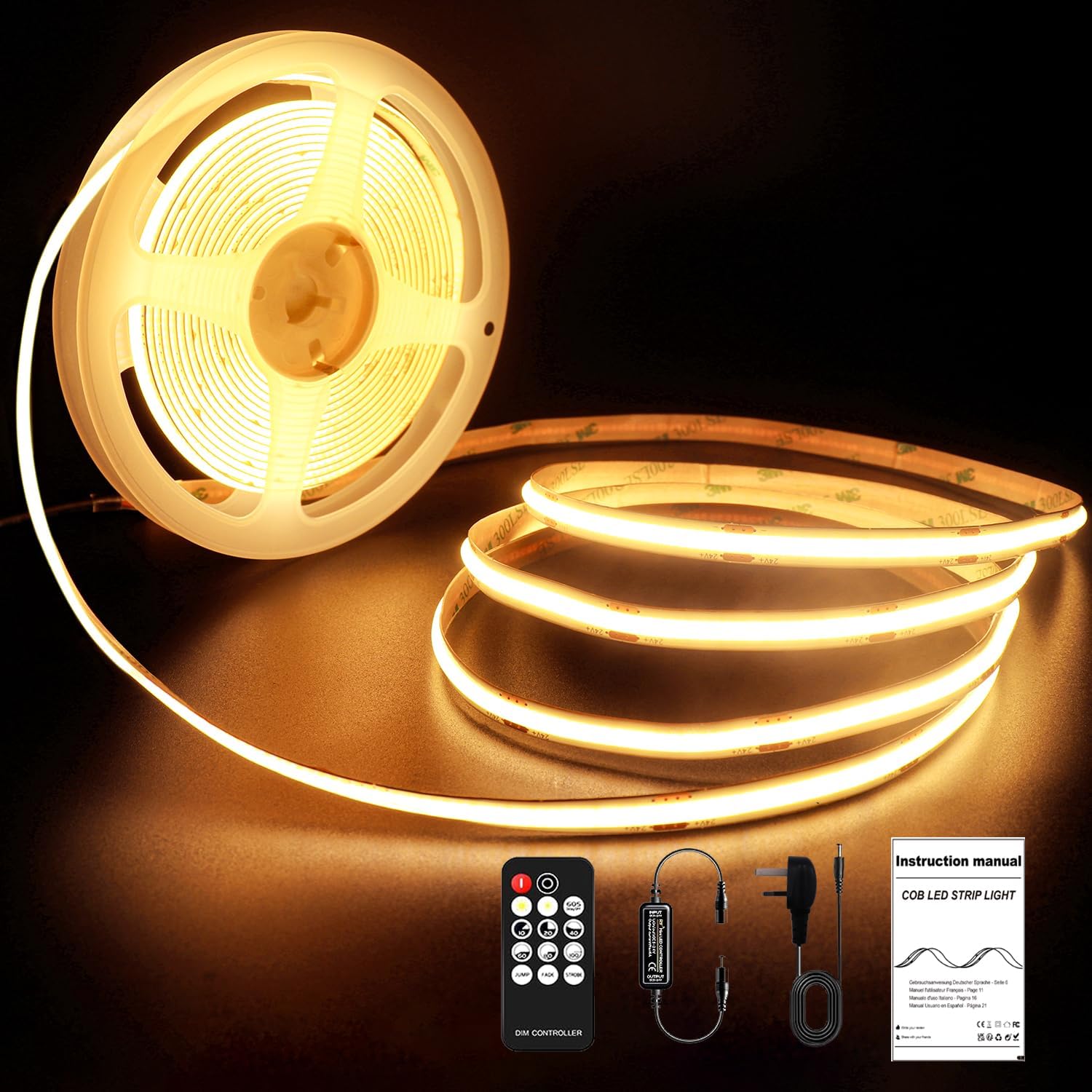 ROUKLE 8mm COB LED Strip Light - 5M Dimmable 24V Super Bright Tape Lights CRI90 with RF Remote &amp; UKCA Power Supply | 2400 LEDs | Warm White 2700K | Easy DIY Home Decor Installation [Energy Class C]