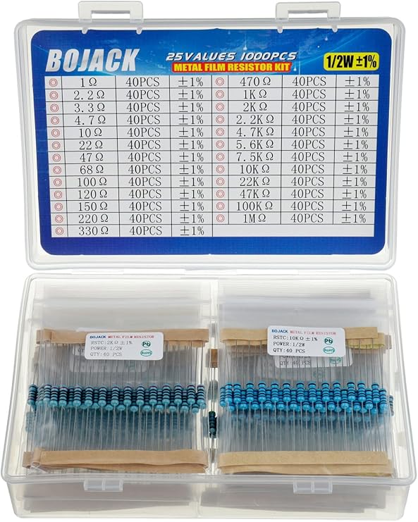 BOJACK Resistor Assortment Kit 1 Ohm - 1M Ohm 1/2W Metal Film Resistor Assortment Resistor Kit (25 Values 1000 Pcs)