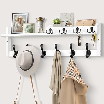 Coat Rack Wall Mount with Shelf, 27.5" Entryway Wall Hanging Shelf, Coat and Key Hanger with 10 Dual Hooks, Mail Organizer and Key Holder Hat Rack for Wall, Wood Coat Hooks with Storage