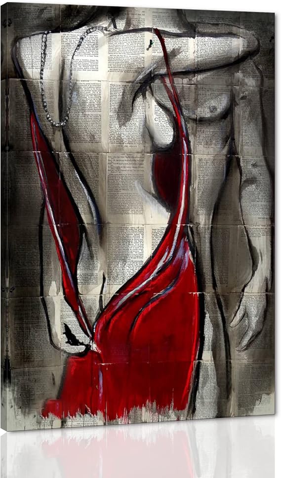 Sexy Wall Art for Home Decor Modern Abstract Nude Painting Red Dress and Sexy Couples Pictures Prints Posters for Bathroom Decor, Framed 12W x 16H