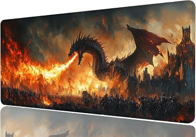 Dragon Gaming Mousepad, Fire Knight Castle Fantasy Mousepad XL Large Gaming Mouse Pad Laptop Keyboard Mat Mouse Pad, XXL Extended Mouse Protector for Home Office, 31.5x11.8