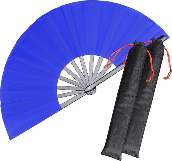 2 Pack Large Folding Hand Fans, Blue Kung Fu Tai Chi Fan, Nylon-Cloth Fan for Men and Women's Performance, Dance, Festival and Gift (Pack of 2 plus Bag)