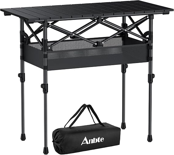 Anbte 3ft Roll Up Camping Table, 2 Adjustable Heights Aluminum Folding Camping Table with Storage Net and Bag, Waterproof, Lightweight Outdoor Table 32.2” x 16”, for Travel Bbq Party Picnic, Black | Portable Table, Aluminium, with Storage Net, X-Structure, for Caomping, Garden, Beach, Barbecue-Black