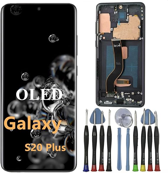 OLED Galaxy S20 Plus Screen Replacement for Samsung S20 Plus 5G Display Touch Screen Digitizer Assembly SM-G985F SM-G986U SM-G986U1 LCD Support Fingerprint (with Black Frame + Tools)