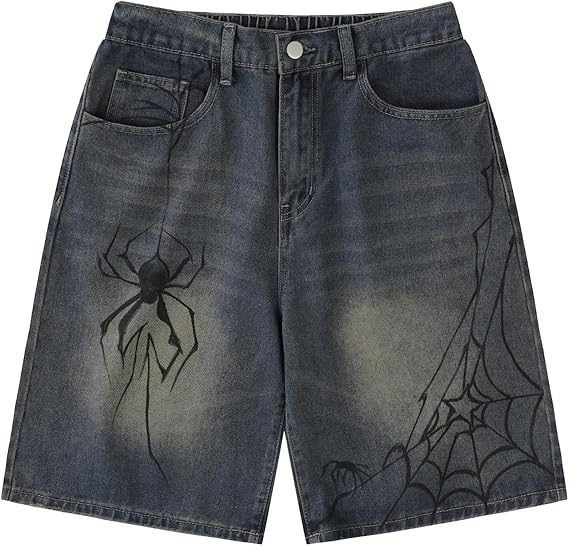 POHADON Y2K Blue Denim Shorts Summer Casual Loose Straight Leg Unisex Baggy Jeans Shorts Jorts Grunge Harajuku Streetwear