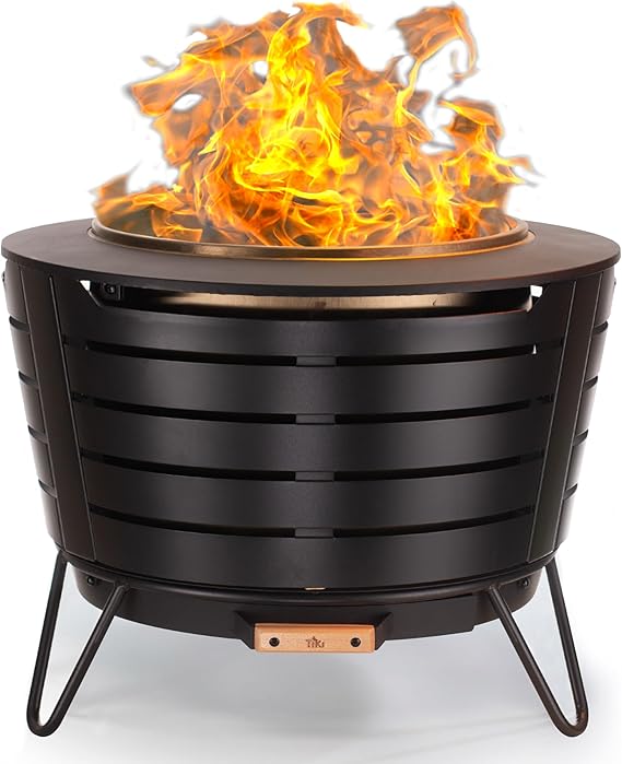 TIKI Patio Smokeless Fire Pit, 25 in Wood Burning Fire Pit with Cover