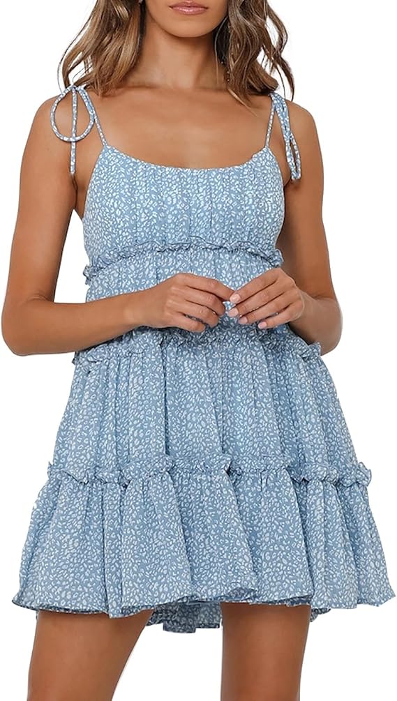 Womens Floral Mini Dress Boho Summer Spaghetti Strap Skater Dresses Sexy Sleeveless Ruffle Flowy Swing Tiered Dress