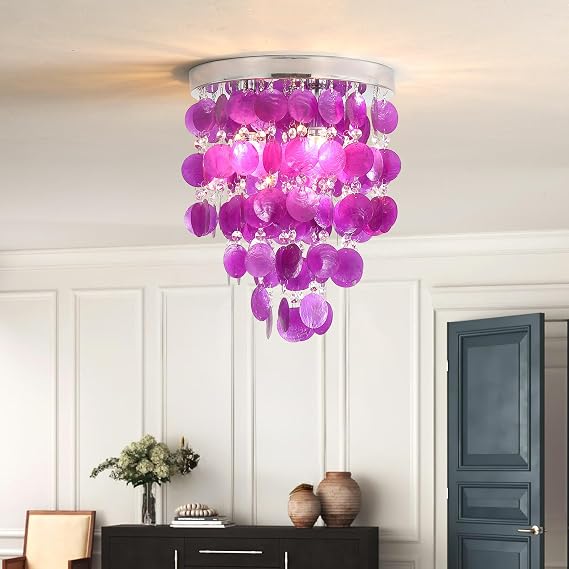 Modern Crystal Shell Chandelier, Semi Flush Mount Purple Chandelier for Girl's Bedroom LED Ceiling Light Fixture for Entryway Bathroom Closet Nursery 3 Lights