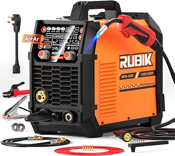RUBIK Aluminum MIG Welder 250Amp, 5 in 1 MIGStickLift TIG Welder Gas Gasless Digital MIG Welder 110V220V Dual Voltage LCD Display Welding Machine, Professionals Multi Process Welder
