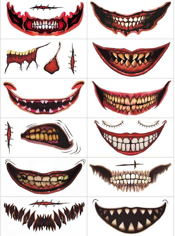 12PCS Halloween Clown Horror Mouth Tattoo Stickers Temporary Tattoos Face Decals Prank Props For Halloween Cosplay Party Decorations