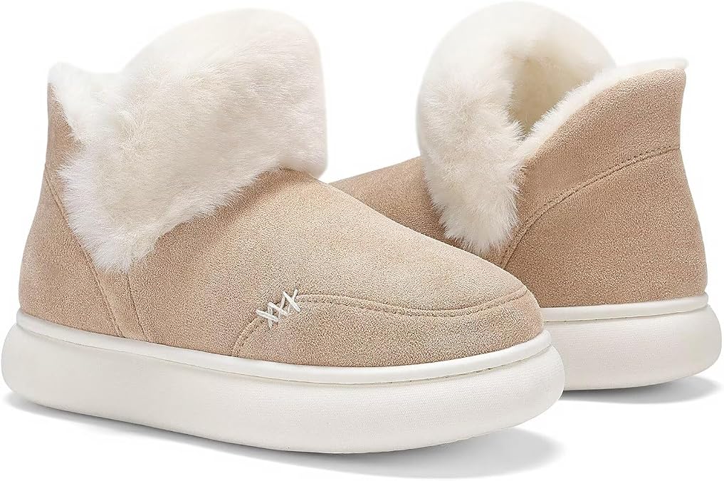 NineCiFun Women's Suede Bootie Slippers Warm Fuzzy Slippers with Faux Fur Lining Cozy Memory Foam Indoor House Shoes