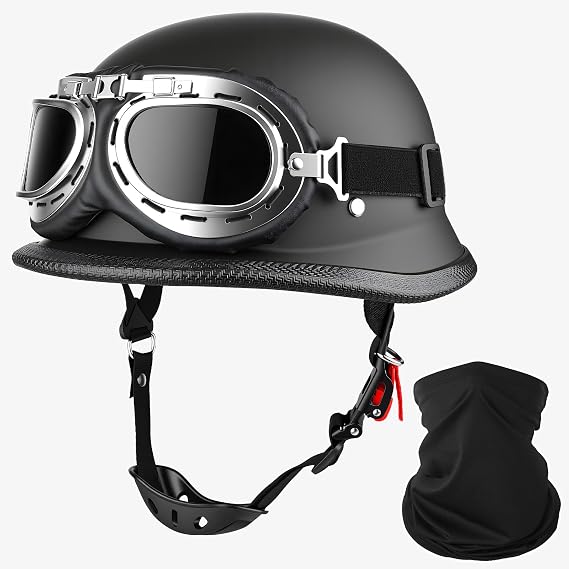 German Style Motorcycle Helmet DOT Approved with Goggles & Mask - Retro Half Helmet with Quick Release Buckle for Motorcycle Motorbike Cruiser, Scooter, Chopper (Adult Men & Women)