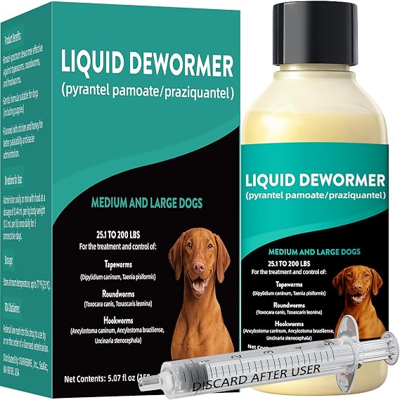 Pyrantel Pamoate De-wormer for Medium and Large Dogs, Oral Treatment for Tapeworm, Roundworm & Hookworm