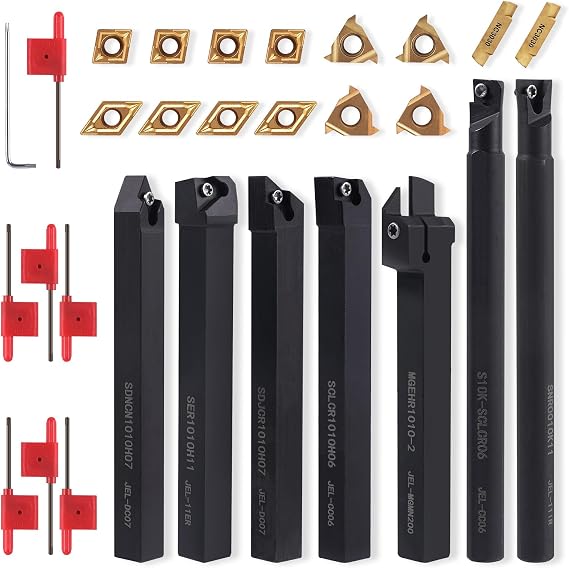 Indexable Lathe Turning Tool 3/8" Shank 21PCS Kit-7PCS Metal Lathe Tools Holder 14PCS Carbide Insert for Turning Boring Grooving Cutting Threading